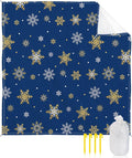Beach Blanket Waterproof Sandproof OversizedChristmas Golden Winter Snowflake Blue Back Beach Mat with Corner Stakes Sand PocketsWhite Snowflakes Seamless Outdoor Picnic Mat for Travel 95x80In