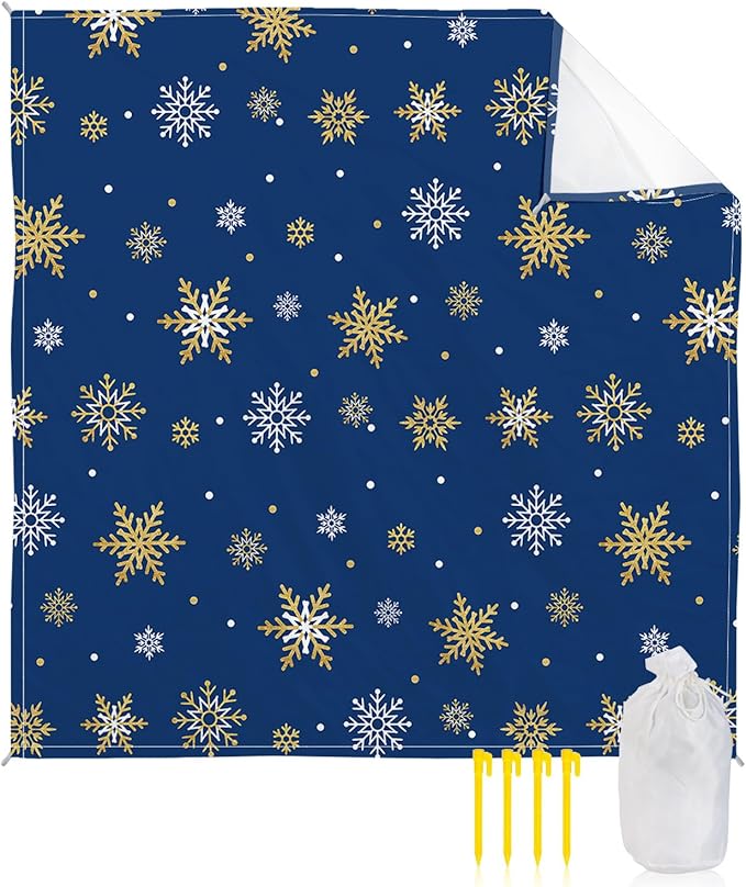 Beach Blanket Waterproof Sandproof OversizedChristmas Golden Winter Snowflake Blue Back Beach Mat with Corner Stakes Sand PocketsWhite Snowflakes Seamless Outdoor Picnic Mat for Travel 95x80In