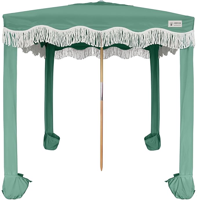 AMMSUN Beach Cabana with Fringe 6.5' x 6.5' Boho Beach Canopy with Tassels Easy Set up &amp Premium Wood Pole Cabana Tent with Sand Pockets Instant Sun Shade for Sand Garden Patio Mint Green