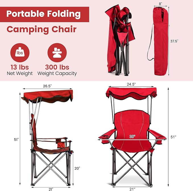 Goplus Camping Chair with Canopy Shade Folding Lawn Chair with Umbrella Cup Holder &amp Carry Bag Portable Sunshade Chair for Adults for Beach Outdoor Travel Hiking Fishing (Red)