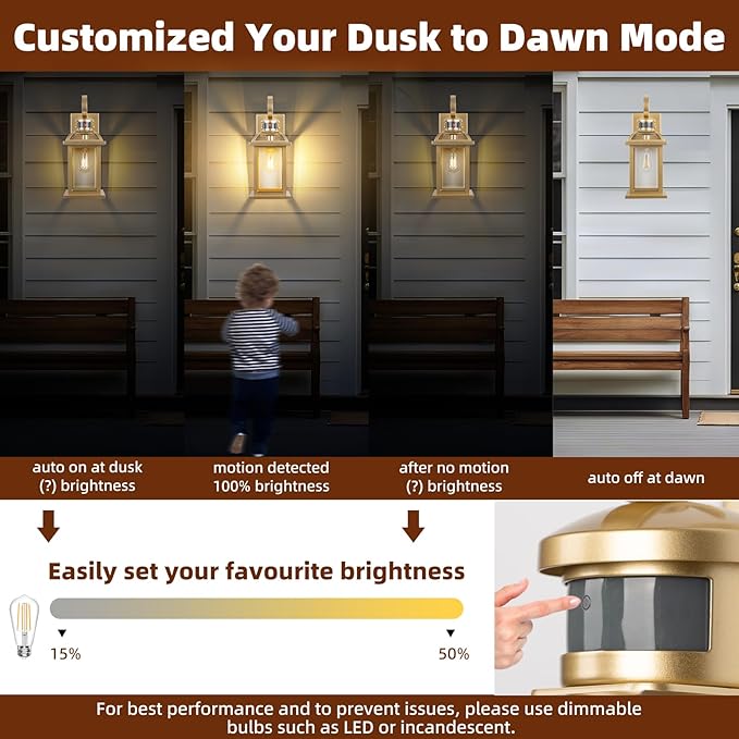 Gold Motion Sensor Outdoor Light Fixtures Dusk to Dawn 2-Pack 16 Inch Brass Outdoor Wall Sconces Photocell Outside Lights for House Front Porch Lights Carriage Coach Lights Courtyard