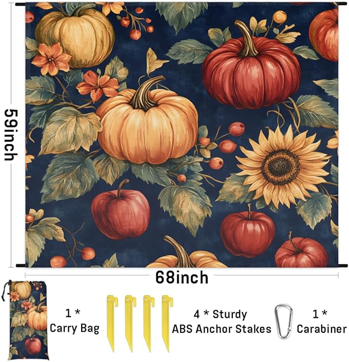 Waterproof Sandproof Beach Blanket 59''×68'' Vintage Pumpkin Polyester Outdoor Picnic Blanket with 4 Stakes &amp Storage Bag for BeachCampingVacation Food