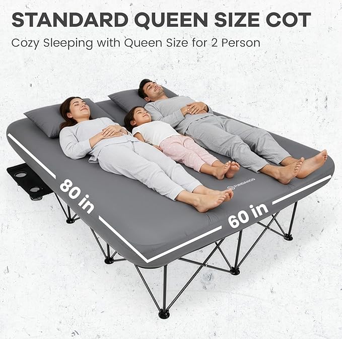 FUNDANGO Queen Camping Cot with Electric Pump 2 Person Inflatable Air Mattress with Folding Frame Portable Camping Bed with Cup Holders &amp Removable Cover for Adults Home Guest Carry Bag Includ