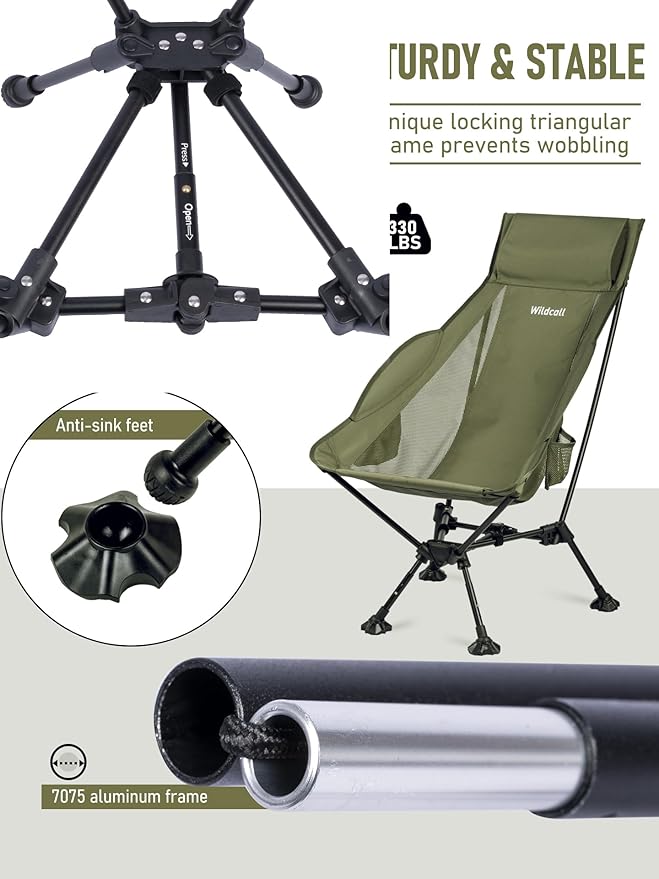 WildCall Lightweight Folding High Back Camping Chair with Head Support Compact Beach Chair with Anti-Sinking Large Feet and Three Tilt Angles Adjustment