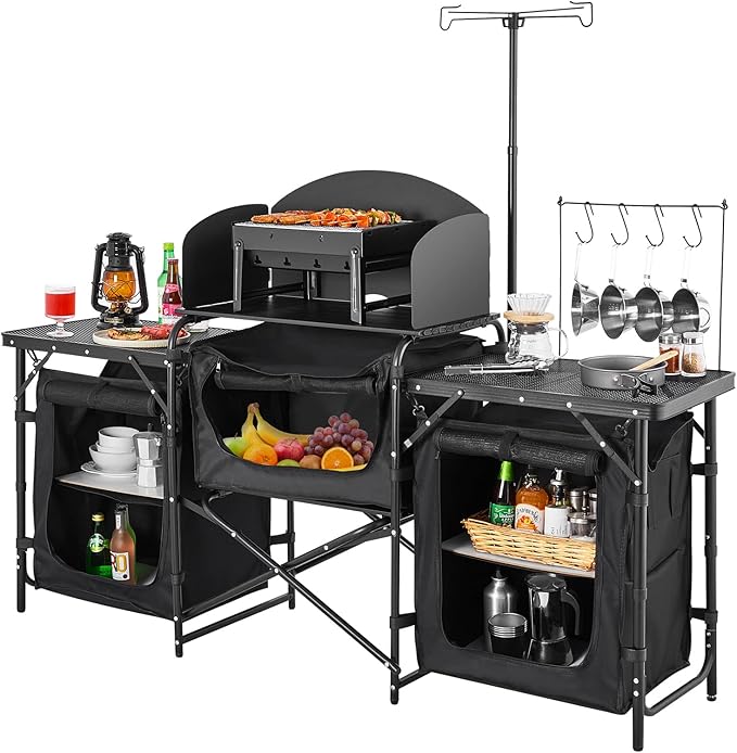 VEVOR Camping Kitchen Table Outdoor Camp Cooking Table Aluminum Portable Cook Station with 3 Storage Cupboard Carrying Bag Detachable Windscreen Quick Set-up for BBQ Party Picnic RV Travel Black