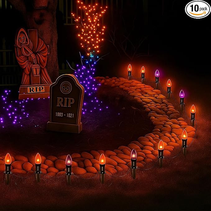 Halloween Pathway Lights Outdoor10 Pack Halloween Party Decor Stake Lights with C9 Clear Black&ampOrange Bulbs19.5Ft Extendable Waterproof Walkway Lights for Yard Porch Lawn Garden