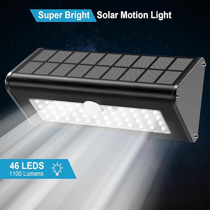 SECUROAD 1100 Lumens Solar Motion Sensor Lights Outdoor IP65 Waterproof 4500mAh Battery Black Aluminum Metal Security Flood Wall Lights 1 Pack Daylight
