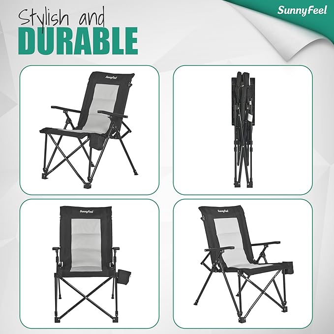 SUNNYFEEL Ergonomic High Back Camp Chair - 500lbs Heavy Duty Folding Chair UV-Resistant Portable Camp Chair with Hard Armrests Cup Holder＆ Bag for Outdoor Basebal Travel Sports Hiking Fishing