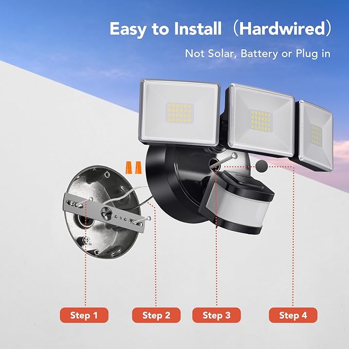 OREiN 2 Pack Motion Sensor Outdoor Flood Light 30W 4500LM LED Security Light with 180° 40FT Detection Dusk to Dawn/Auto/Test Modes IP65 Waterproof Hardwired Floodlight for Yard Garage Driveway