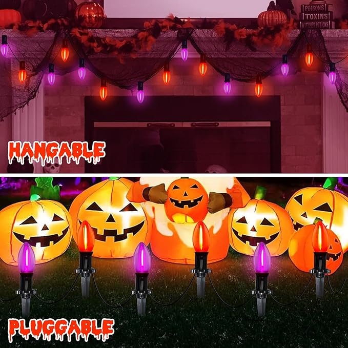 Halloween Pathway Lights 10 Pack C9 LED Stake Lights with Purple &amp Orange Bulbs 19.5ft Extendable Outdoor Walkway Lights for Garden Yard Driveway Porch &amp Sidewalk Halloween Decorations
