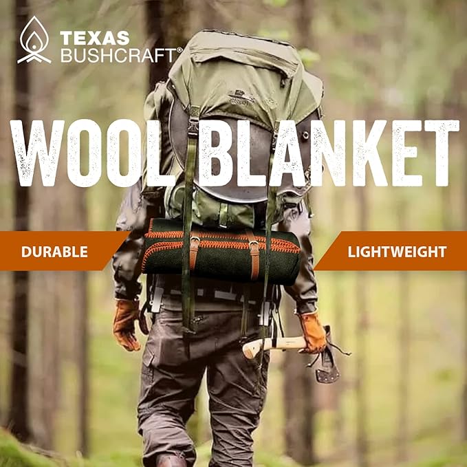 Texas Bushcraft Merino Wool Blanket for Camping Hiking and Backpacking - Water and Fire Resistant Camp Car Blanket Fast-Warming and Durable With Double-Stitched Edging (66 x 90)
