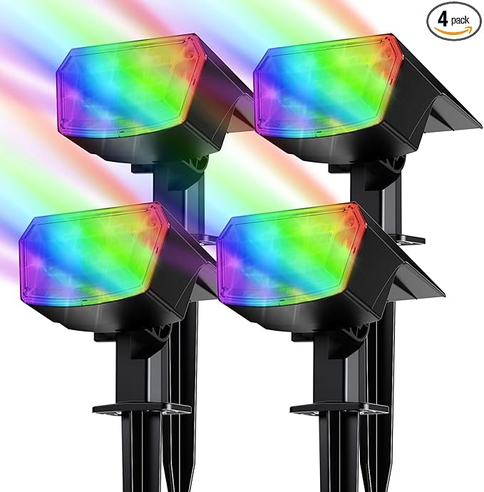 TECKNET Solar Color Changing Lights 7 Lighting Modes Solar Spot Lights Outdoor Waterproof IP68 4 Pack Multicolor RGB Outdoor Lights for Garden Yard Landscape Decor (RGB)