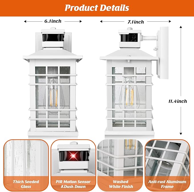Motion Sensor Outside Wall Lantern Waterproof White Dusk Dawn Outdoor Lighting Wall Mount with Tempered Glass Modern Anti-Rust Motion Porch Light Fixture for Hallway Entryway Doorway