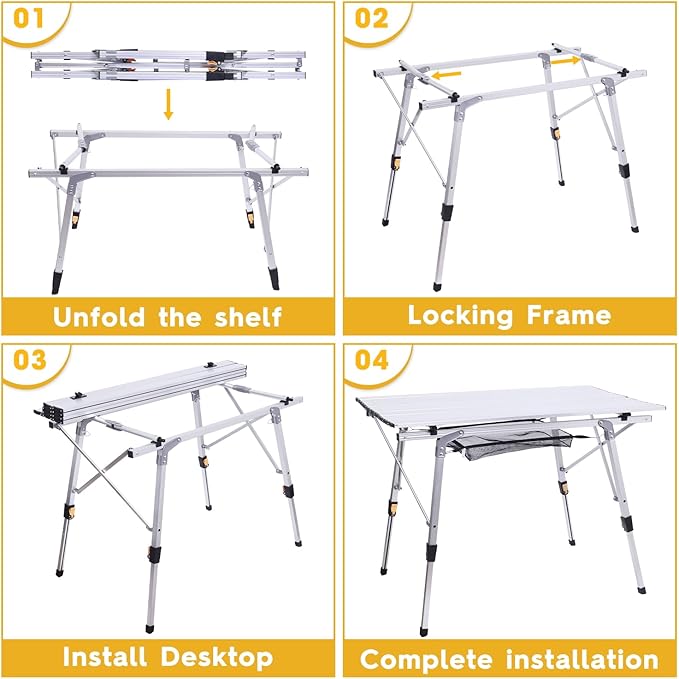 ERYTLLY Folding Camping Table Outdoor Portable Picnic Table with Adjustable Legs Lightweight Aluminum Beach Table with Roll Up Table Top and Mesh Layer for Backyards BBQ and Party