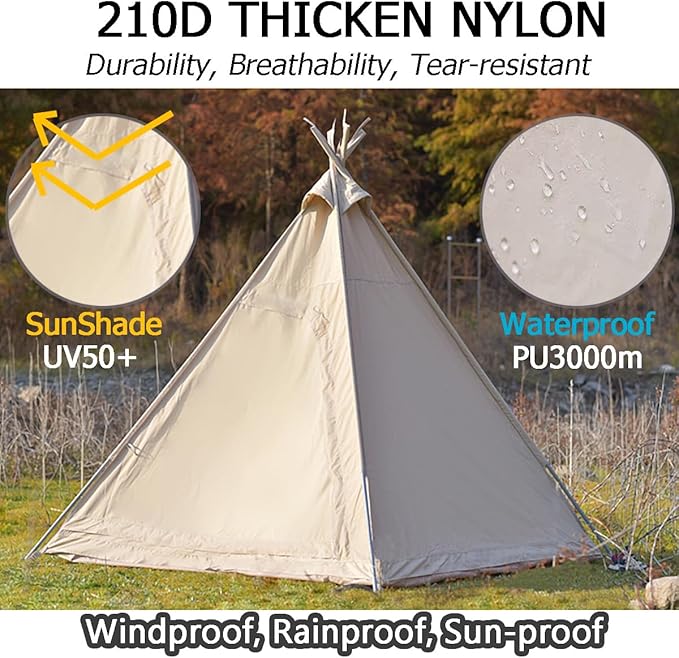 Canvas Tent Teepee Tent for Adults 210G Cotton with Double Door 3 Seasons 2-3 Person for Family Outdoor Camping Parties Glamping