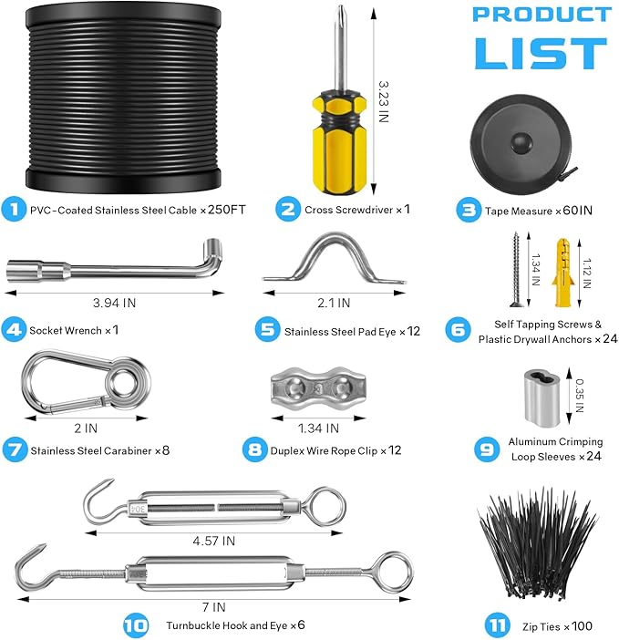 NEREUS String Light Hanging Kit with 250 Ft Vinyl Coated 304 Stainless Steel Cable String Light Suspension Kit Guide Wire with Turnbuckles and Hooks for Patio Backyard Lighting Accessories