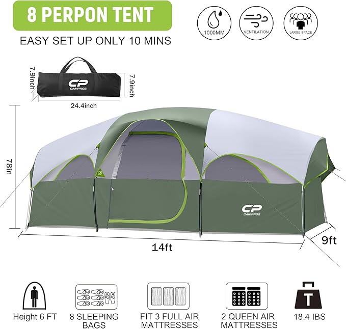 CAMPROS CP Tent 8 Person Camping Tents Weather Resistant Family Tent 5 Large Mesh Windows Double Layer Divided Curtain for Separated Room Portable with Carry Bag