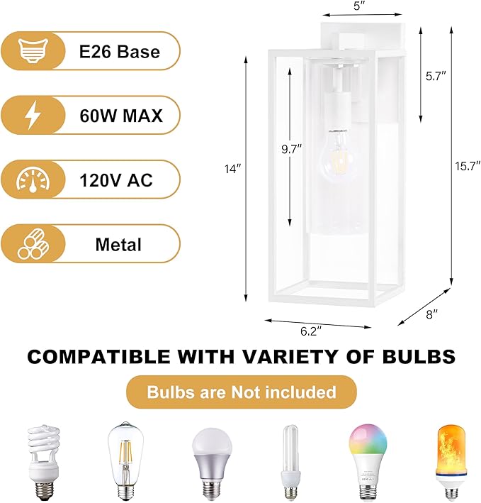 15.7 Inch Outdoor Wall Lights Outdoor Wall Lantern with Circular Clear Glass Shade Waterproof Exterior Lighting Fixtures Modern Front Porch Lighting for House Garage E26 Base ETL Listed White