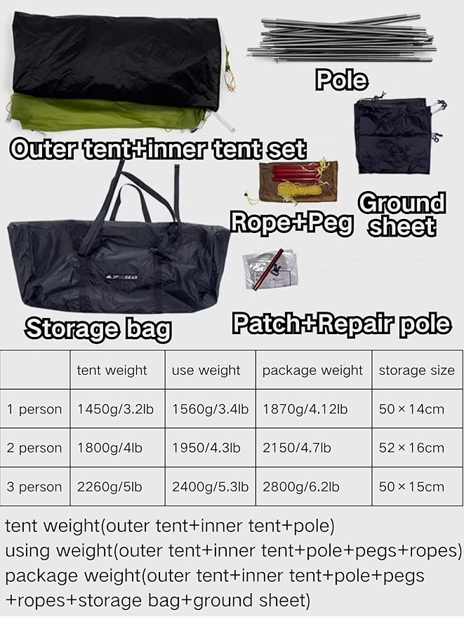 3F UL Gear Taiji 1/3 Person Tent for stormrain1.45/3.2lb Ultralight Backpacking Tent5000mm+ Waterproof VentilationResistant to Wind gusts of 7Easy Set up