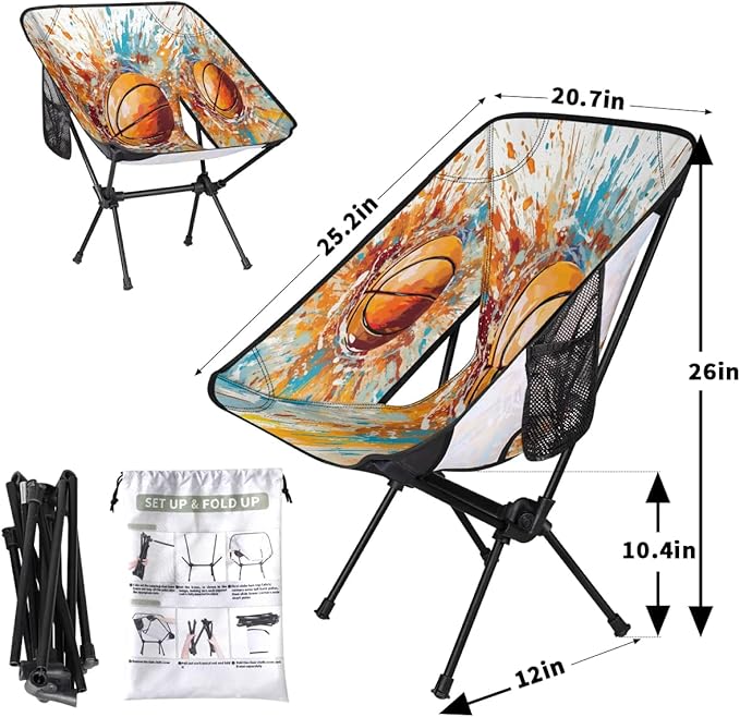 Basketball Colorful Camping Chairs for Adults Ultralight Folding Chairs Outside Portable Camp Backpacking Chair with Side Pocket Storage Bag Compact Beach Chairs for Hiking Fishing