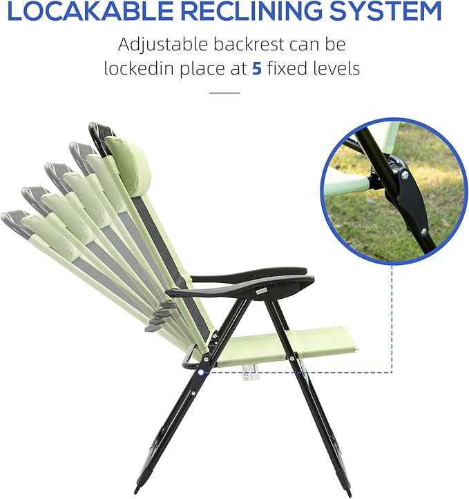 Folding Patio Chairs Set of 2 Outdoor Deck Chair with Adjustable Sling Back Camping Chair with Removable Headrest for Garden Backyard Lawn (Green)