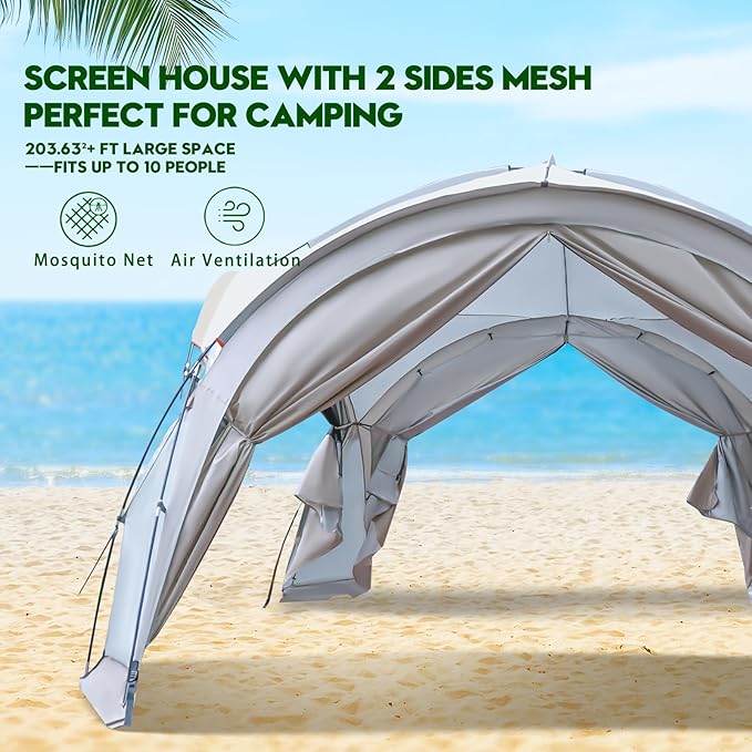 Large Beach Canopy Tent 14 X 14ft UPF 50+ Pop Up Sun Shelter for 8-10 Person Portable Beach Sun Shade with Side Walls for Camping Fishing Backyard Fishing Parties Picnics
