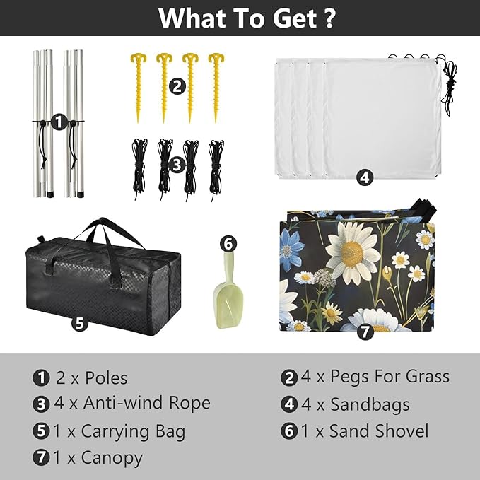 Blue White Flowers Beach Tent Sun Shelter 9.2' x 10.5' Beach Canopy with 4 Sandbags 4 Stability Poles Sand Shovels - Tent Canopy for Beach Camping Fishing Picnics