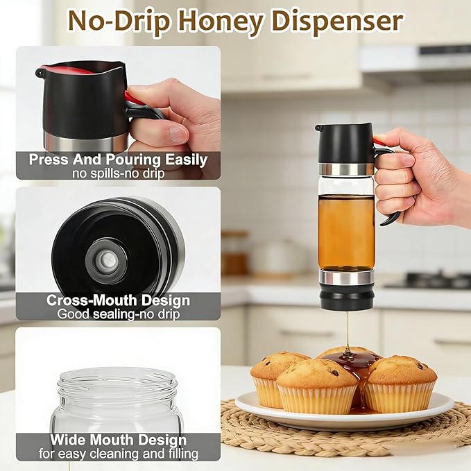 No-Drip Honey Dispenser Glass Honey Dispenser with Handle Press Type Bottom Outlet Design Easy One Hand Use Suitable for Honeys Coffee Syrup &amp Chocolate Sauce (Black-S)