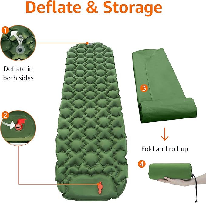 Amazon Basics Camping Sleeping Pad with Quick-Inflate Built-in Foot Pump Water Resistant Ultralight Portable for Hiking and Backpacking Olive Green