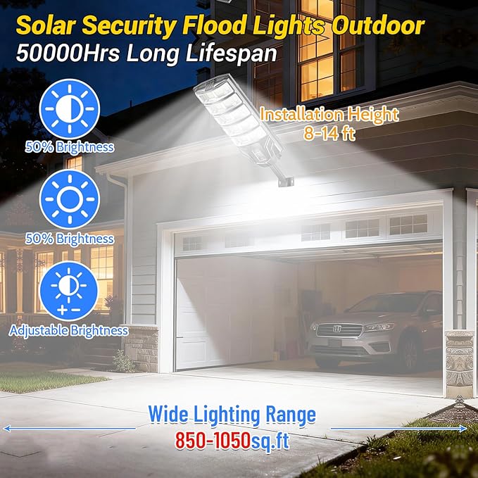 2 Pack Solar Lights Outdoor IP65 Waterproof Solar Street Motion Sensor Lights with Remote Control 8000K Dusk to Dawn LED Security Flood Outdoor Light Wide Angle Range for Yard Garage Porch Farm
