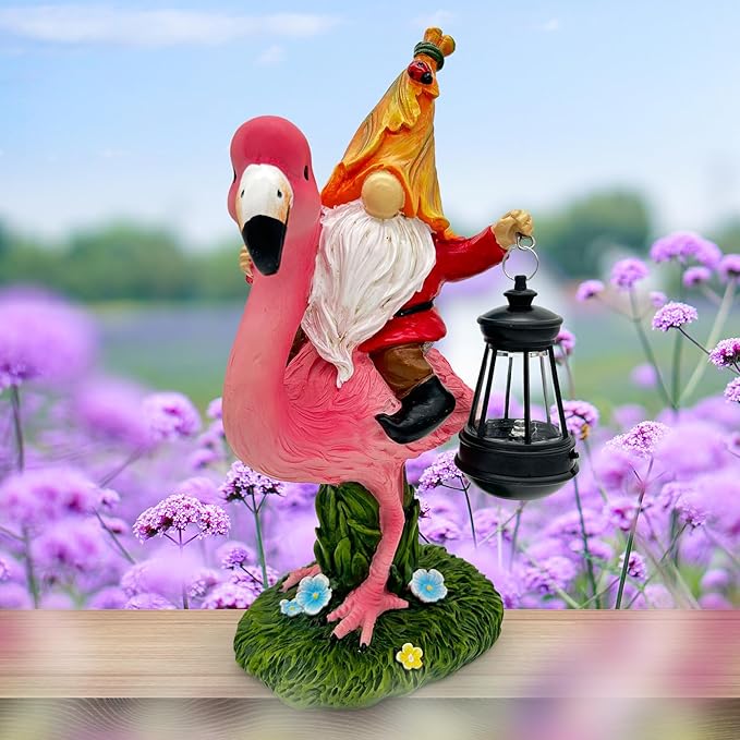 Gnomes Flamingo with Solar Lantern Whimsical Decor for Garden Yard Patio Lawn LED Lights - Unique Gift for Women Mom Friends(Red Gnomes)