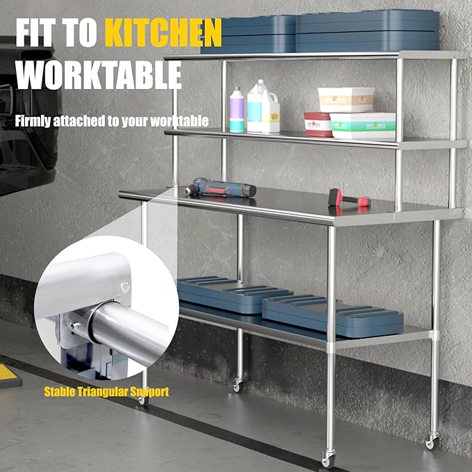 Double Overshelf 2 Tier Stainless Steel Shelf 12 x 60 Inches Weight Capacity 400 lb for Prep &amp Work Table in Restaurant Home and Kitchen