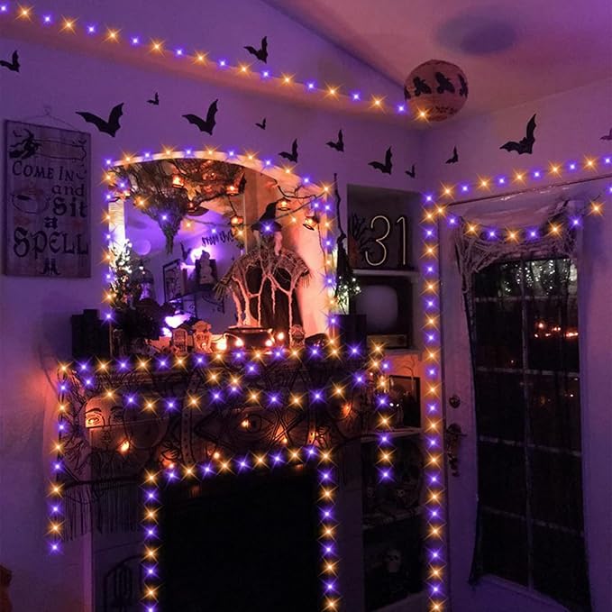 QITONG 165ft 500 LED Orange and Purple Halloween Lights Outdoor Waterproof String Lights for Outside with 8 Modes Green Wire Twinkle Lights Plug in Indoor