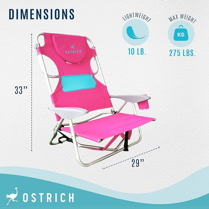 Ostrich Outdoor Beach Ladies Comfort On-Your-Back Adjustable &amp Portable Beach Chair with Backpack Straps and Cup Holder Pink (3 Pack)