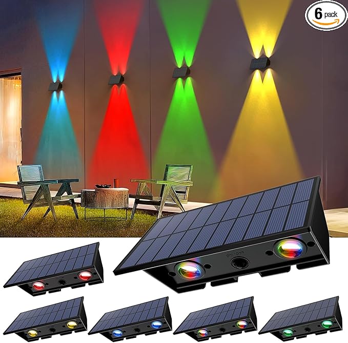 Solar Fence Lights6 Pack Solar Lights Outdoor Warm White+RGB Up &amp Down Waterproof 100 Lumens Dusk to Dawn for Wall/Backyard/Pool/Railing/Patio/Porch/Step
