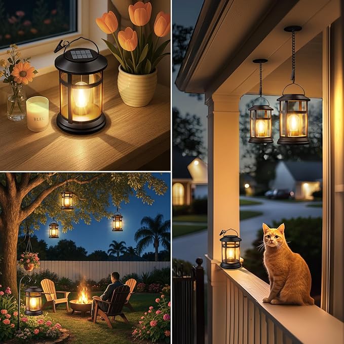 Solar Lanterns Outdoor Waterproof: 2 Pack Hanging Solar Lights for Outside Patio Porch Garden Tabletop Decor - Bright LED Warm White Solar Powered Lighting - Unique Gardening Gifts for Mom