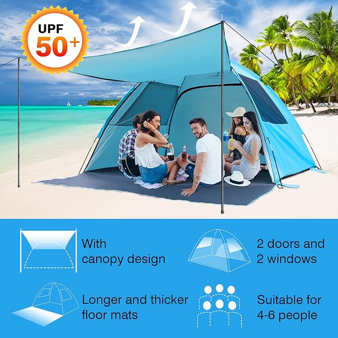 DLUCKY Beach Tent for 1/2/3/4/5/6 PersonAnti-UV Portable Sun Shade ShelterUPF 50+Both Sides Extendable FloorExtendable Awningwith 2 Ventilating Mesh WindowsLightweight &amp Easy Setup.
