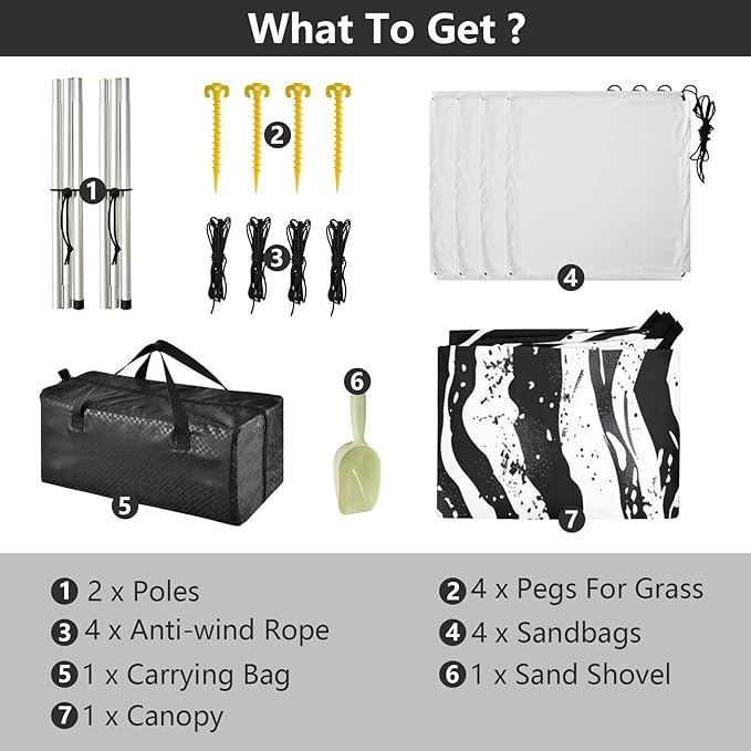 Zebra Stripes Black Beach Tent Sun Shelter 9.2' x 10.5' Beach Canopy with 4 Sandbags 4 Stability Poles Sand Shovels - Tent Canopy for Beach Camping Fishing Picnics