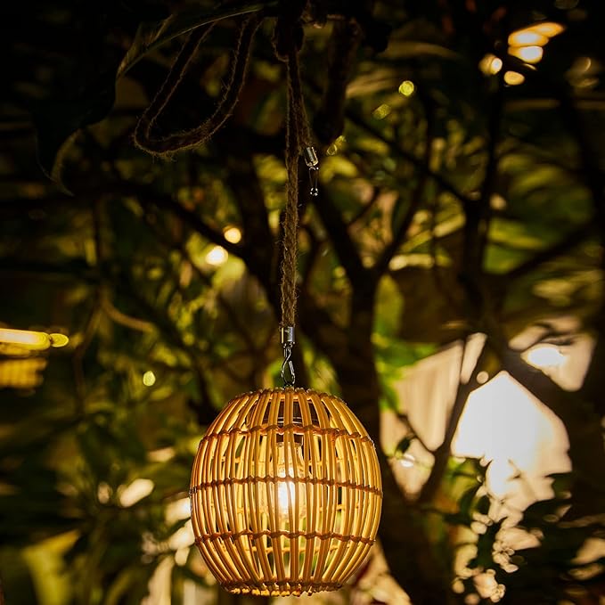 Livinlarge Hanging Solar Lantern Outdoor Waterproof Large Solar Rattan Lantern Outdoor with Twine Handle Bright Outdoors Hanging Lights with Edison Bulb for Garden Patio Yard Decoration