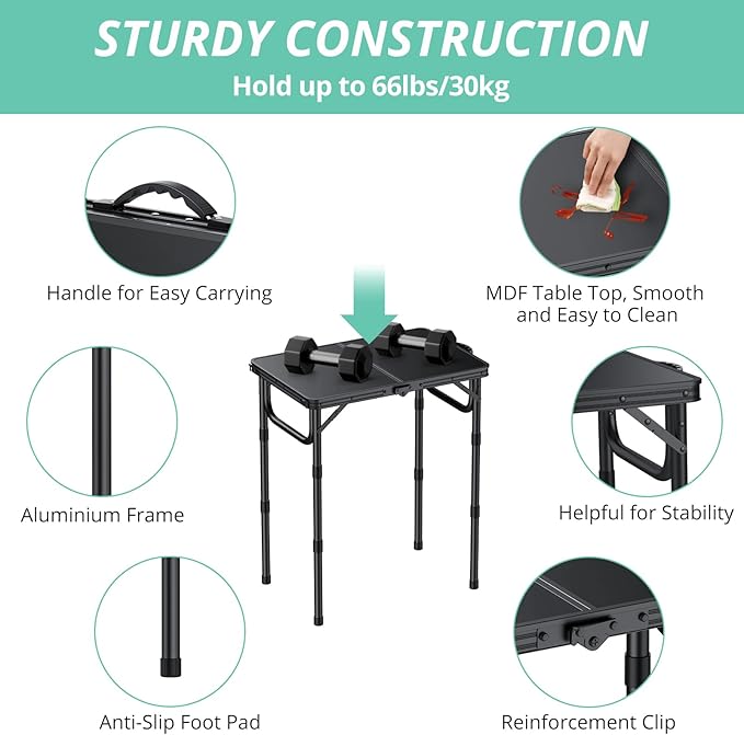 VINTEAM Camping Folding Table with Adjustable Height Lightweight Portable Outdoor Picnic Table BBQ Grill Side Table Durable Aluminum Frame MDF Desktop for Camping Fishing RV Beach (Black)