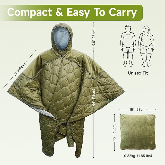 Sleeping Bag with Inflatable Sleeping Pad Wearable Blanket Insulated Poncho Hooded Sleepingbag Quilt for Winter Camping Hiking Sports