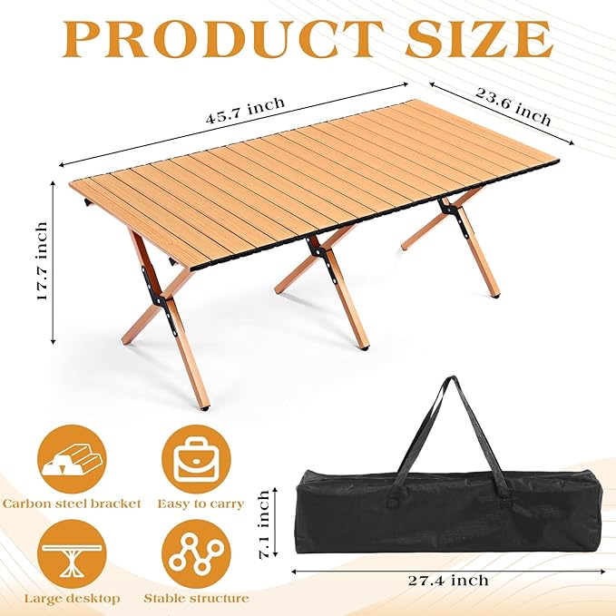 Suzile 2 Pack 4FT Folding Camping Table Roll Up Portable Camp Table with Carry Bag Low Collapsible Lightweight Aluminum Outdoor for Camping Picnic Beach Patio Kitchen(Yellow Wood Color)