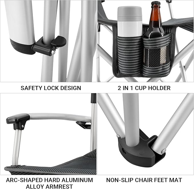 Kingcamp Aluminum Hard Armrest with Cup Holder Portable Padded Deluxe Chair with Carry Bag Heavy Duty Supports 300 lbs for Outdoor Black