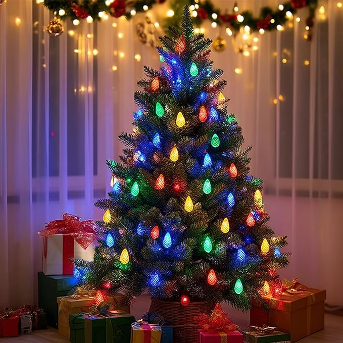 TW SHINE Solar C6 Christmas Lights Outdoor 2 Pack 32FT 100 LED Solar Powered Christmas String Lights with 8 Modes Waterproof Xmas Lights for Outside Tree Holiday Yard Decorations Multi-Colored