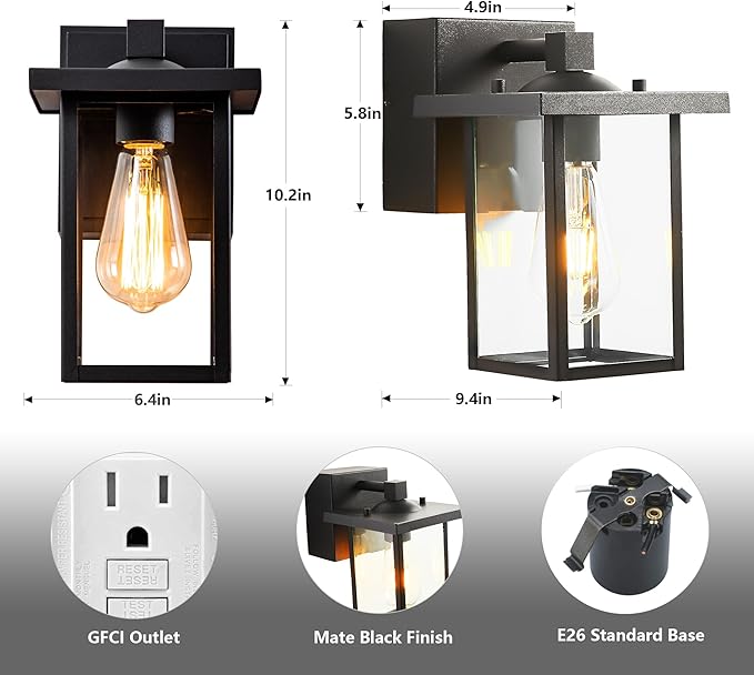 Porch Lights with GFCI Outlet Black Outdoor Light Wall Mount Waterproof Exterior Light Fixture with Outlet Wall Sconce for House Garage Patio