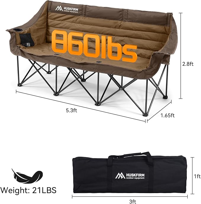 3 Person Camping Chairs Folding Double Camping Chair Portable Oversized Loveseat Padded Camp Chair Heavy Duty Camping Couch for Adults Outdoor Lawn with Two Cup Holders and Carry Bag