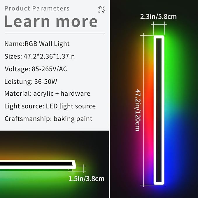 47inch Modern Wall Lights Outdoor 10 Colour Variations Dimmable Long Wall Sconce IP65 Waterproof 3000K-6000K Simple Acrylic Exterior Wall Lighting Fixtures for House Garage Front Patio