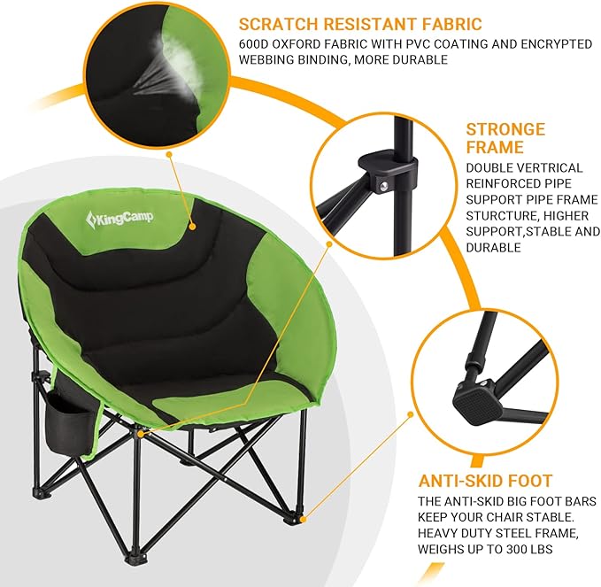 KingCamp Foldable Saucer Moon Lounge Chair with Cupholder Storage Pocket for Indoor Home or Outdoor Camping and Tailgating Use Black/Green