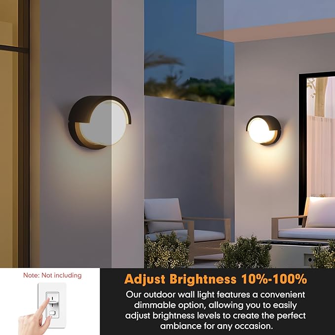 Outdoor Wall Lights 2 Pack 6 Inch Modern LED Wall Sconces 1200LM 3CCT Selectable (3200K/4000K/6500K) IP65 Waterproof Black Aluminum Exterior Light Fixtures for House Porch Garage