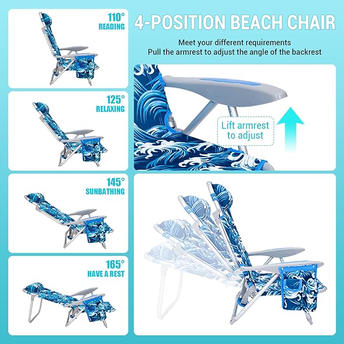 #WEJOY Folding Beach Chair for Adults 4-Position Lightweight Beach Chair Low Beach Chairs with Shoulder Strap Cup Holder and Headrest Supports 265lbs for Beach LawnDarkblue/White
